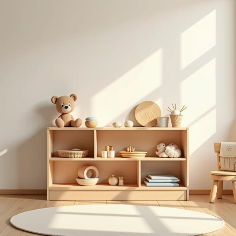 Prateleira organizada com poucos brinquedos educativos em quarto montessoriano