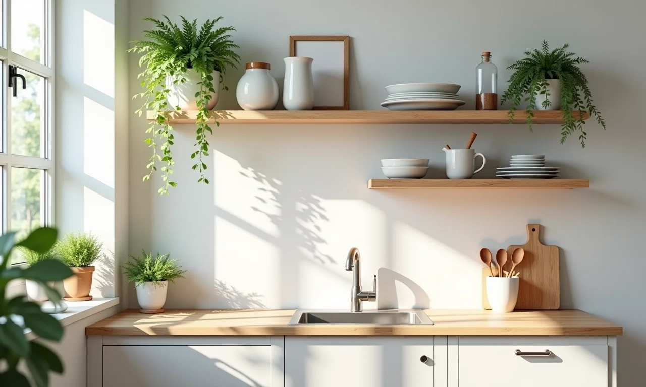 Prateleiras abertas em cozinha pequena com organização.