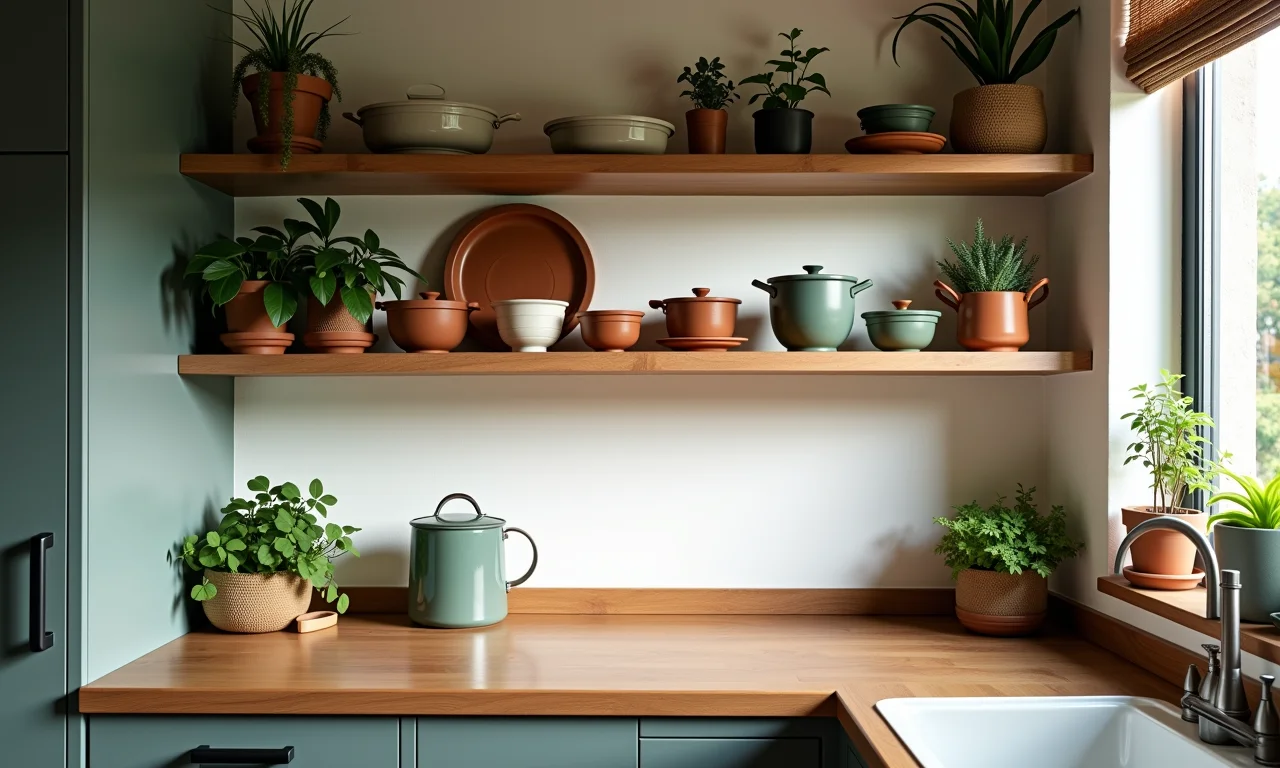 Prateleiras abertas em cozinha planejada pequena.