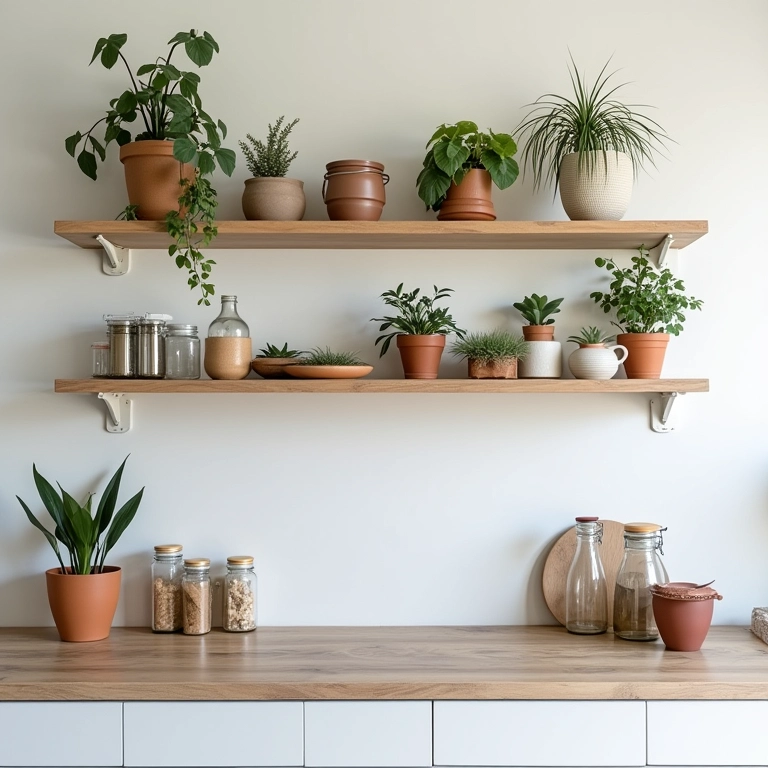 Prateleiras aéreas com plantas e decoração em cozinha minimalista.