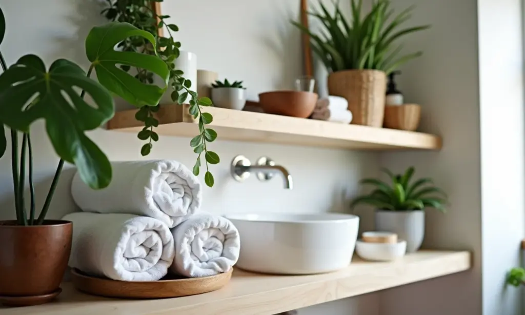 Prateleiras de banheiro decoradas com plantas, toalhas e objetos decorativos.