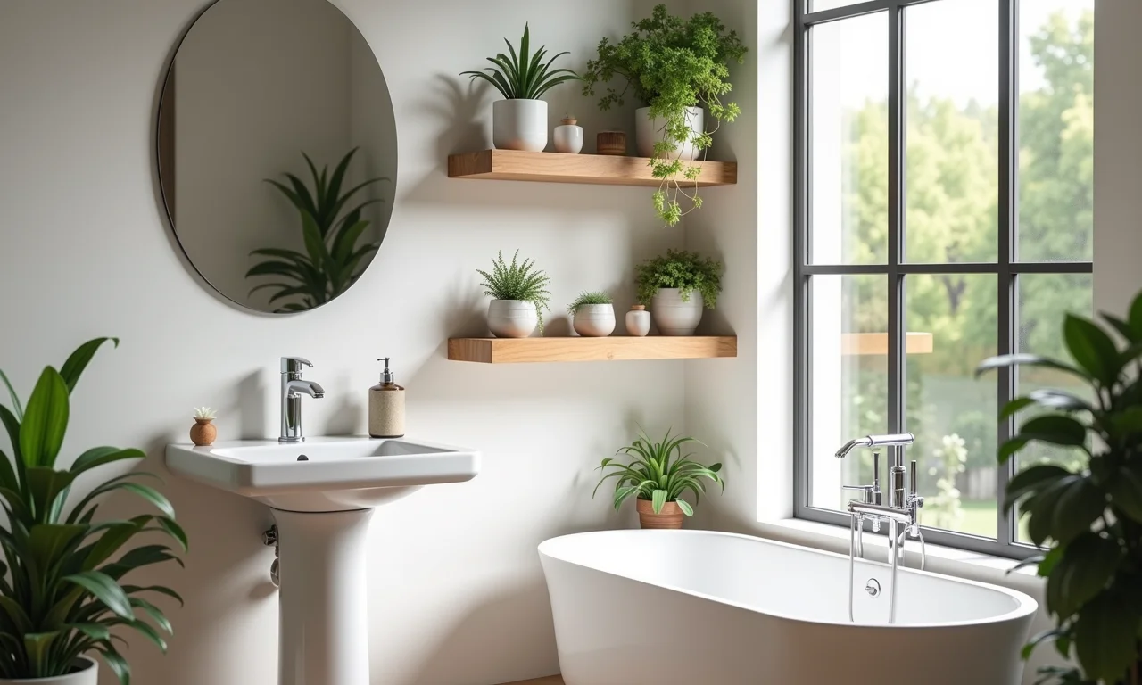 Prateleiras de madeira com estilo em banheiro pequeno.