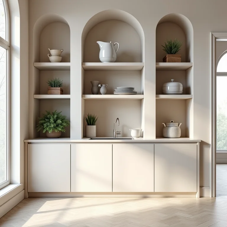 Prateleiras e nichos de cozinha com itens decorativos e utensílios, mostrando o design funcional.