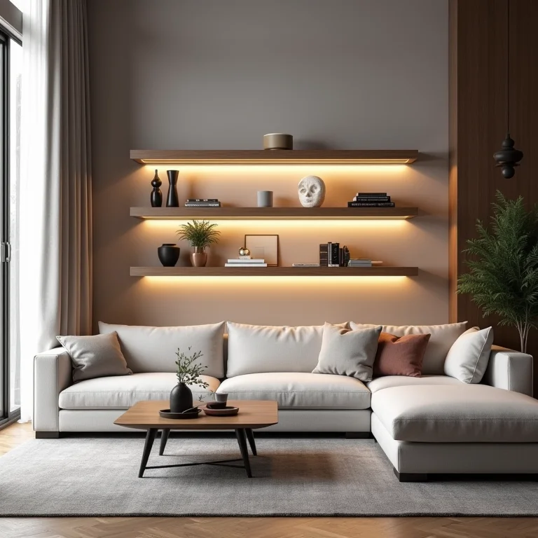 Prateleiras iluminadas organizando e decorando sala de estar
