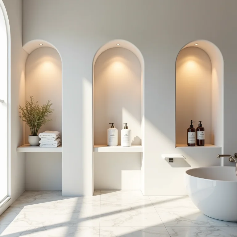 Prateleiras transformadas em nichos em um banheiro