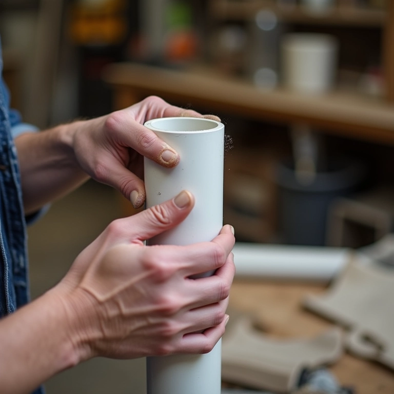 Preparando canos de PVC para um projeto de decoração industrial.