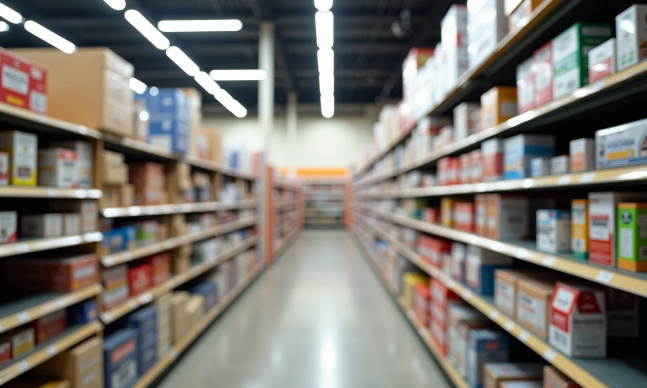 Produtos para reforma organizados em prateleiras, mostrando qualidade e preço acessível.