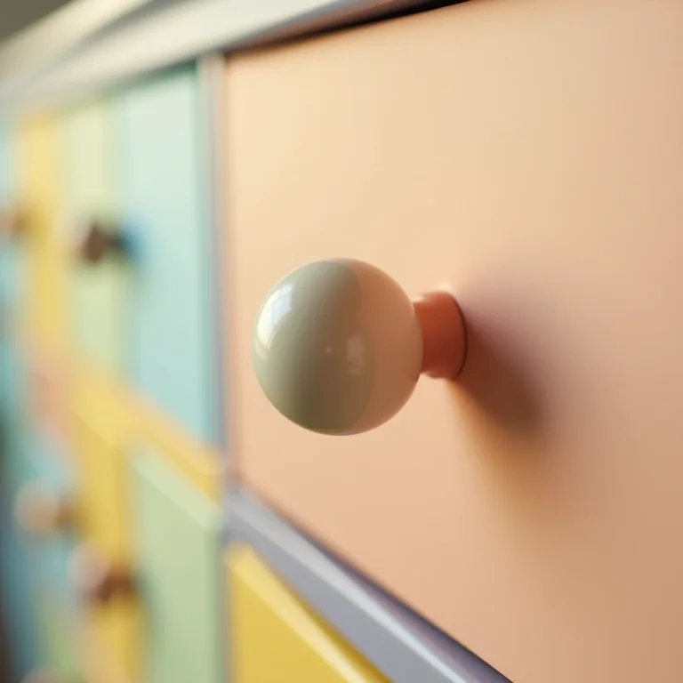 Puxador bola de cerâmica em gaveta de cômoda colorida em quarto infantil.