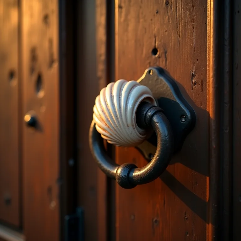 Puxador concha de ferro em porta de madeira rústica.