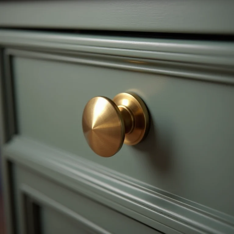 Puxador concha de latão polido em gaveta de armário clássico.