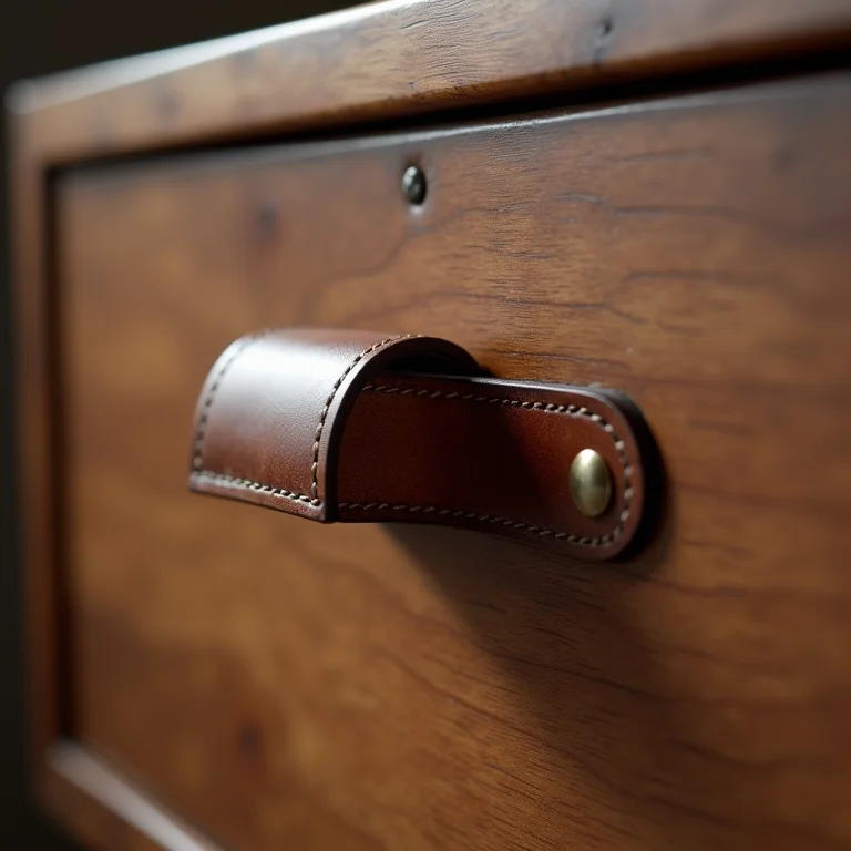 Puxador de alça de couro em gaveta de madeira rústica.