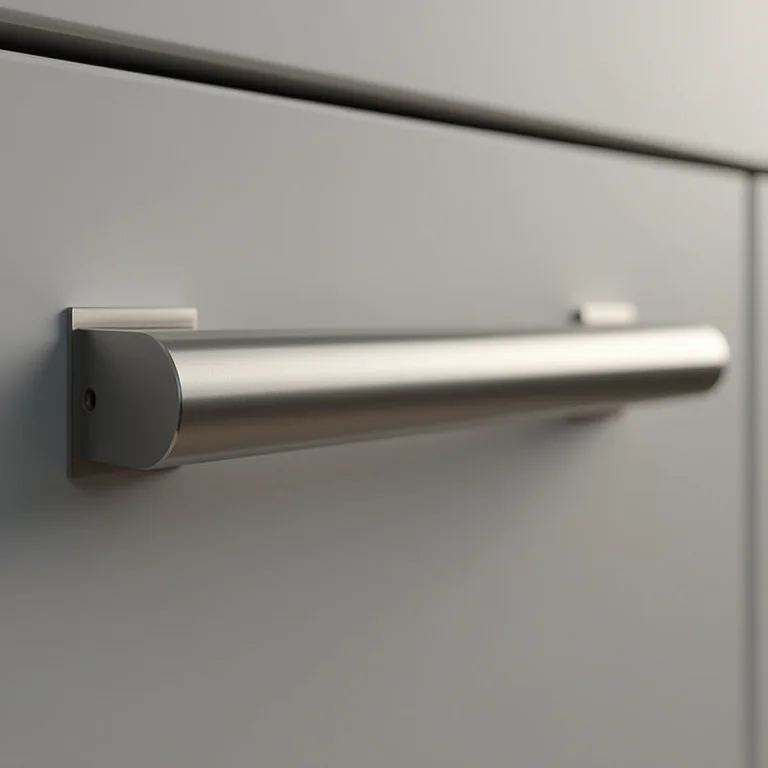 Puxador de barra de aço inoxidável em porta de armário de cozinha minimalista.
