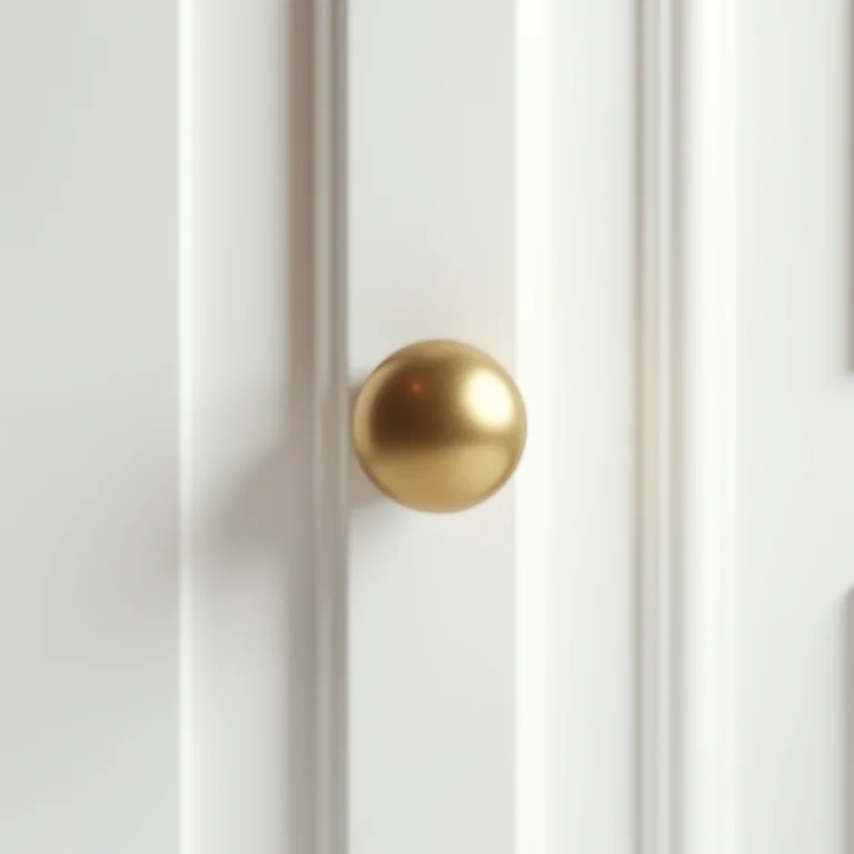Puxador de botão dourado em porta clássica branca.