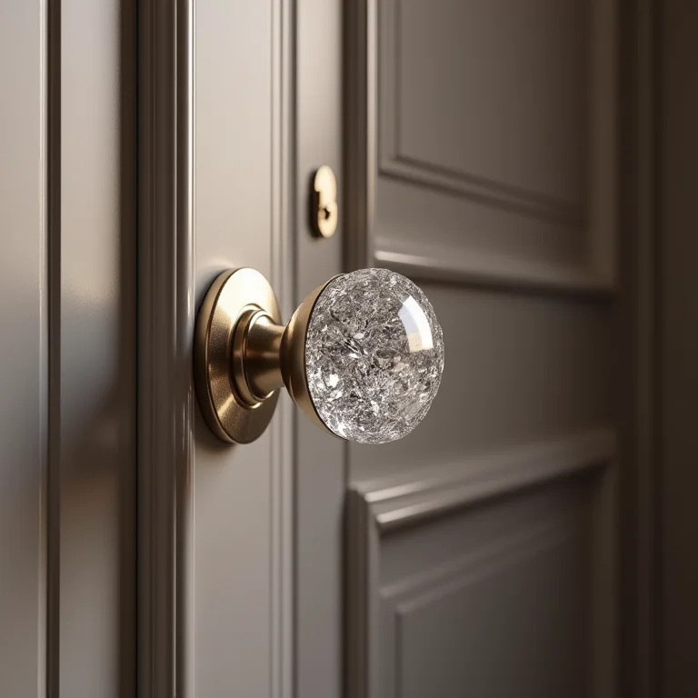 Puxador de cristal brilhante em porta laqueada.