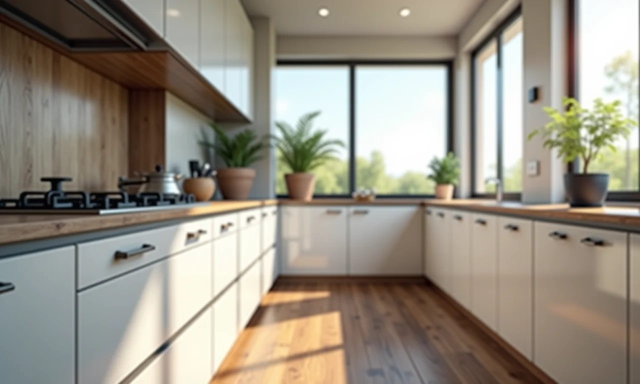 Puxadores e detalhes em metal em armários de cozinha modernos.