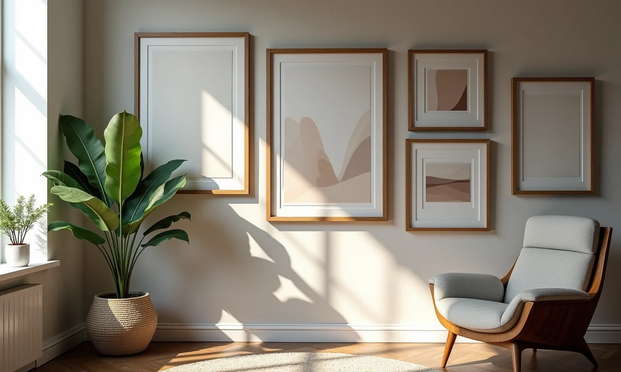 Quadros com e sem moldura em uma parede de quadros.