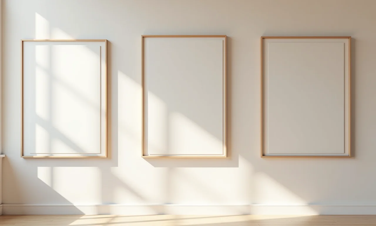 Quadros minimalistas em cores neutras e tons pastel em uma parede de galeria.
