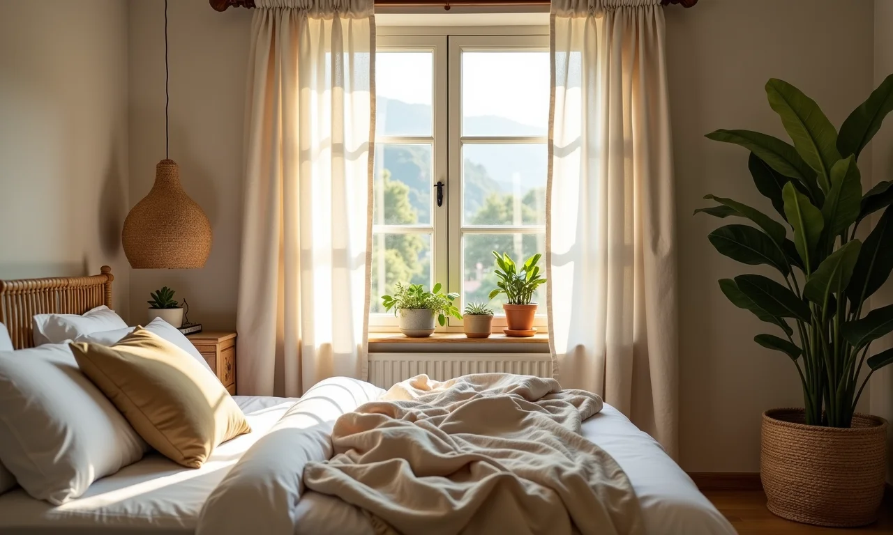 Quarto aconchegante com cortina de linho.