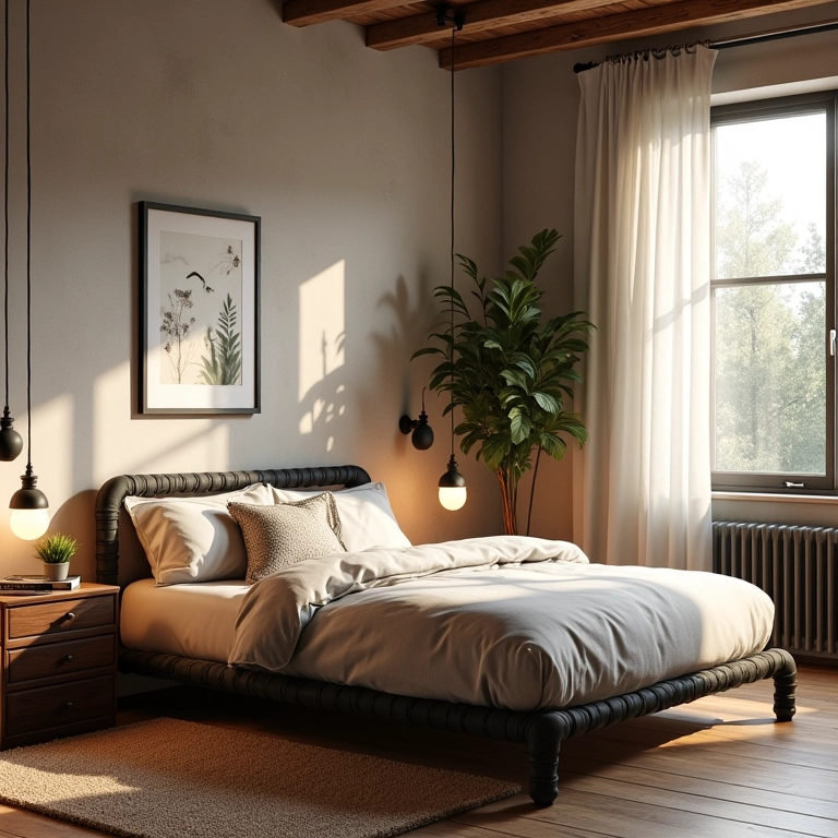 Quarto aconchegante com estrutura de cama e mesa de cabeceira feitas de canos de PVC.