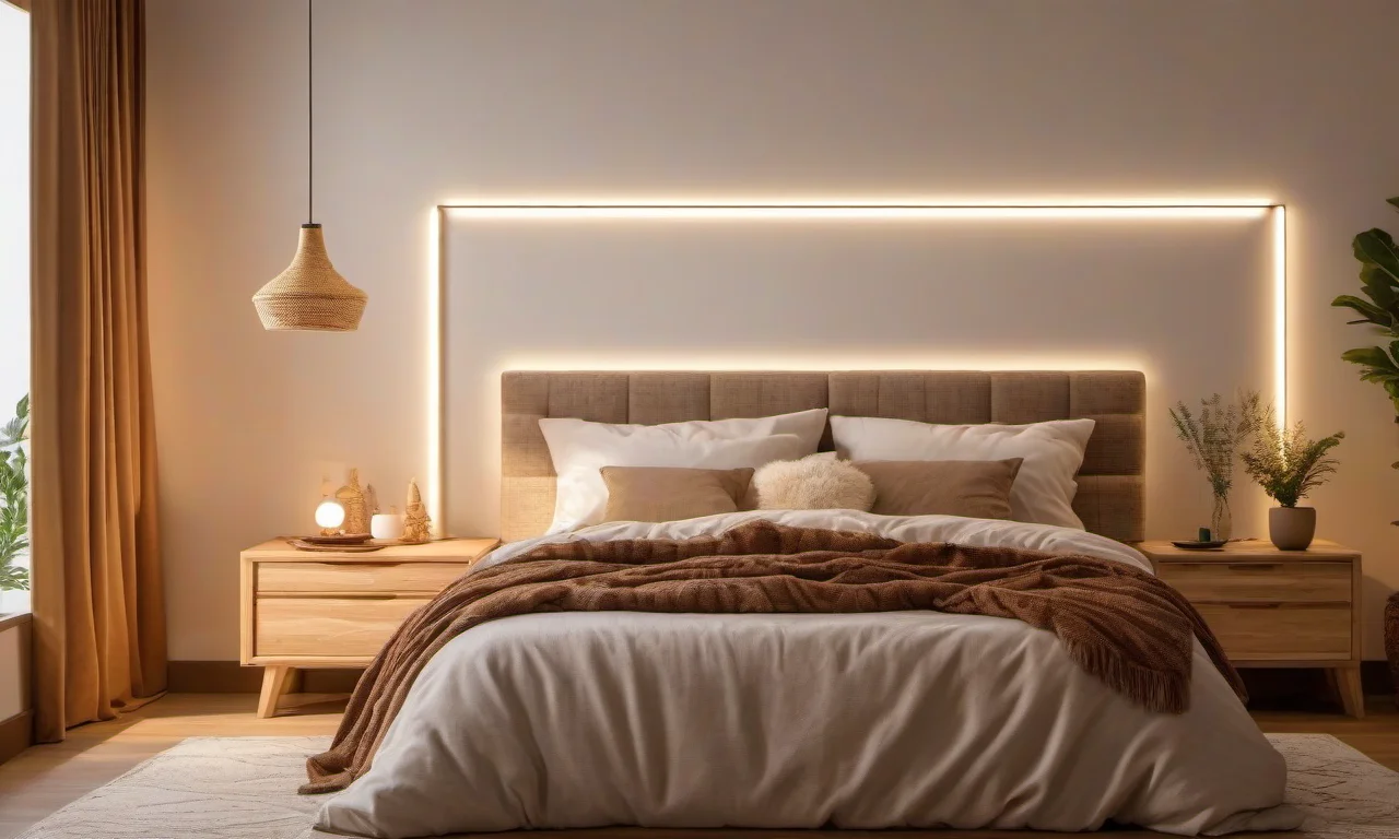 Quarto aconchegante com fitas de LED na cabeceira.