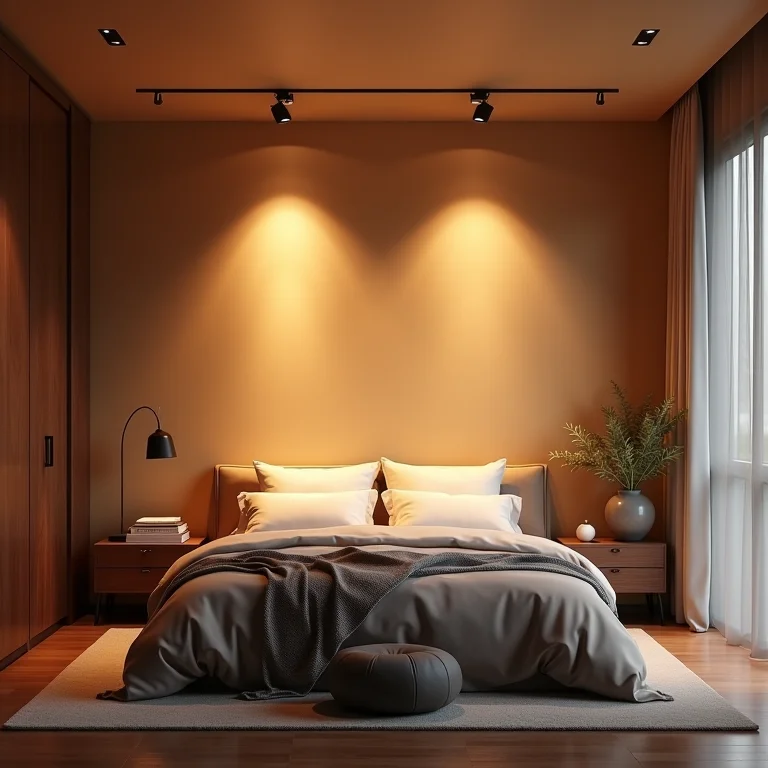 Quarto aconchegante com iluminação de trilho