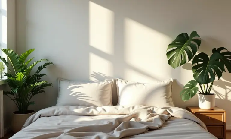 Quarto aconchegante com luz natural, cama confortável, plantas e decoração minimalista.