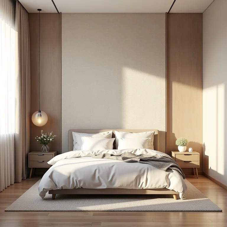 Quarto aconchegante com papel de parede 3D texturizado.