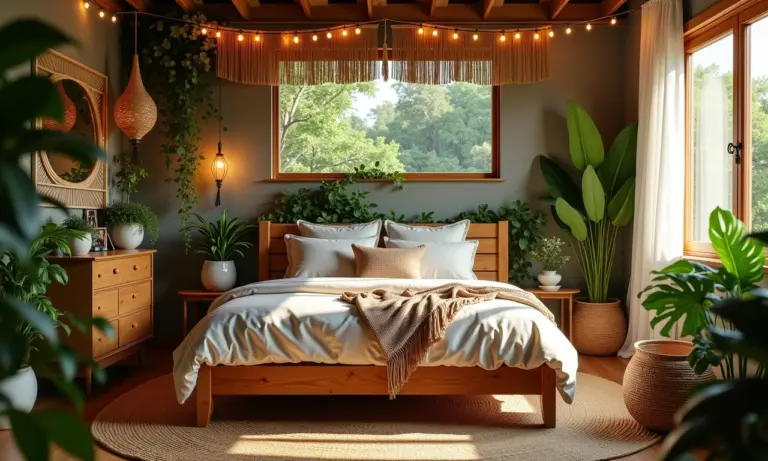 Quarto boho chic com plantas, luzes e decoração brasileira vibrante.