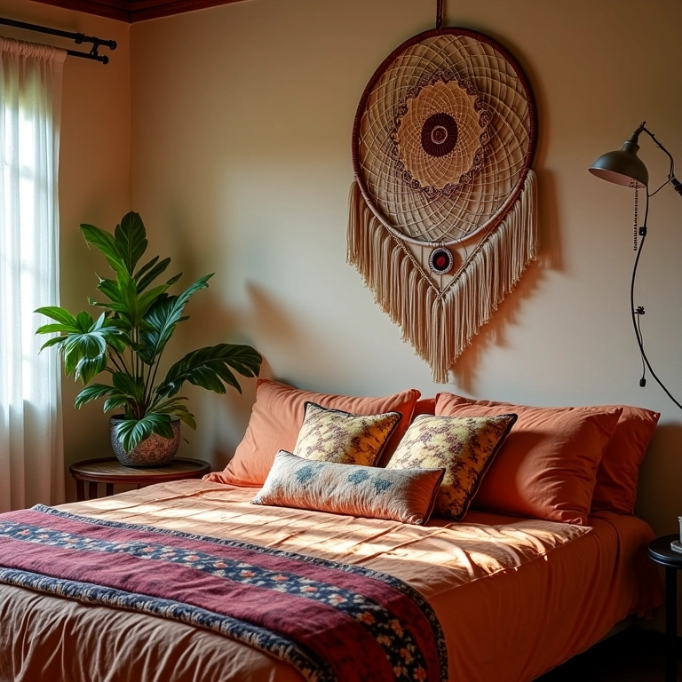 Quarto boho com filtro dos sonhos e decoração vibrante.