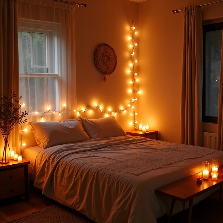 Quarto boho com iluminação acolhedora.