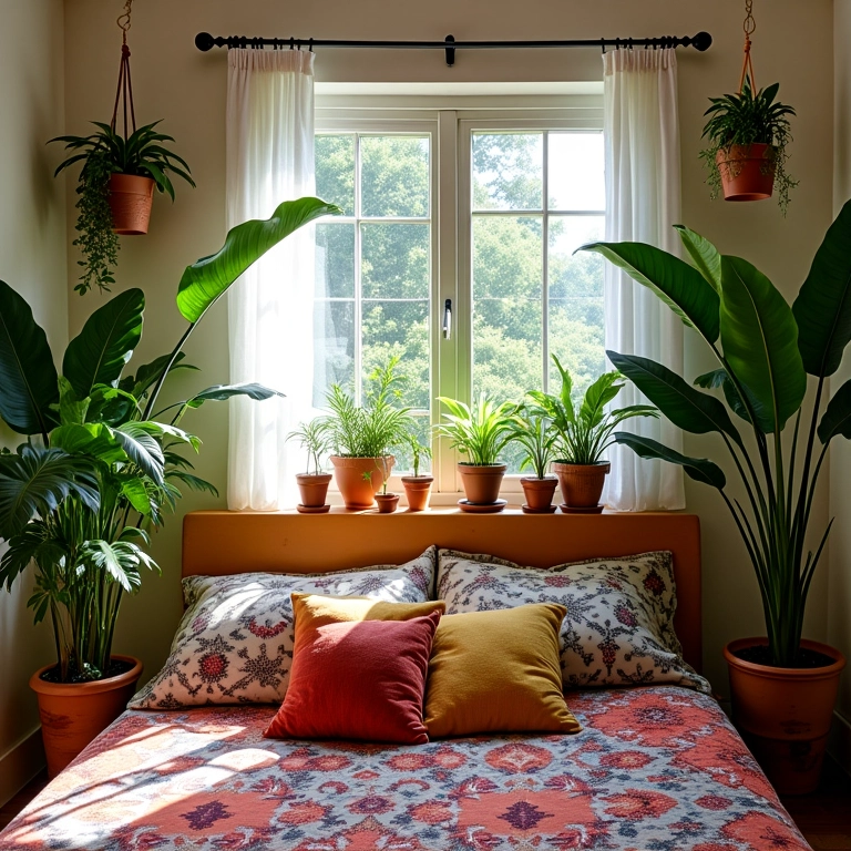 Quarto boho com plantas e iluminação natural.