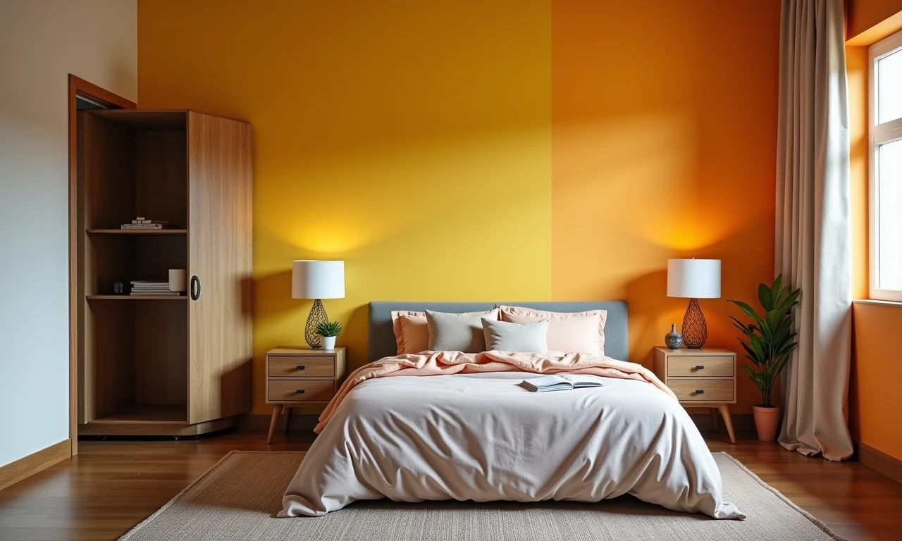 Quarto brasileiro com cores de parede mal escolhidas em conflito com os móveis.