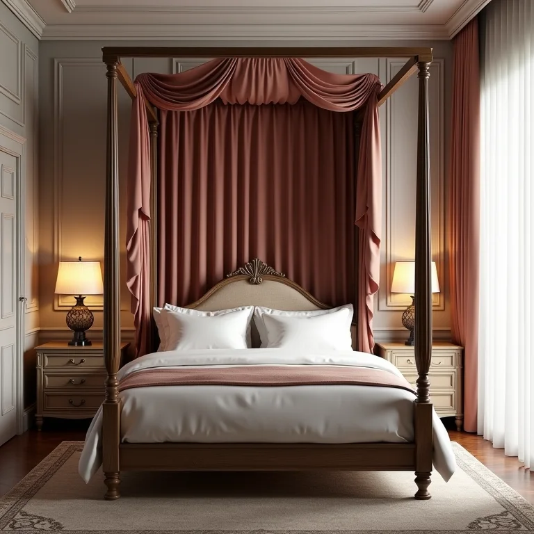 Quarto clássico com cama de dossel e cortinas de veludo.
