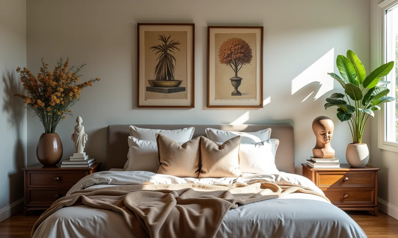 Quarto com acessórios ecléticos: livros antigos, esculturas modernas.