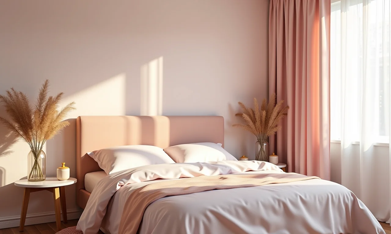 Quarto com cores neutras e tons pastel, criando uma atmosfera relaxante.