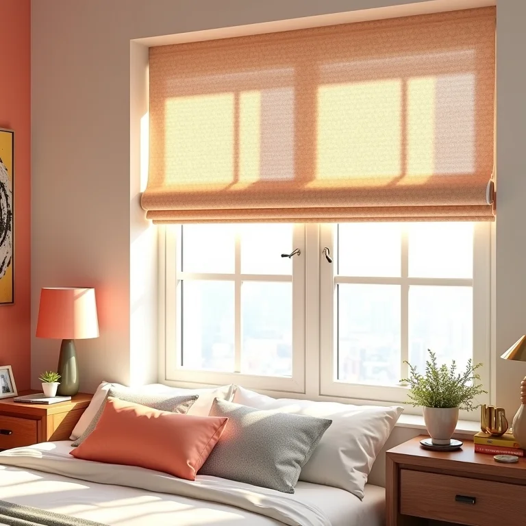 Quarto com cortina rolô estampada, adicionando personalidade e alegria à decoração.