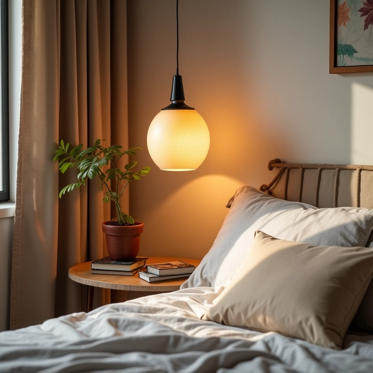 Quarto com elegante luminária pendente ao lado da cama, iluminação natural e decoração brasileira aconchegante.