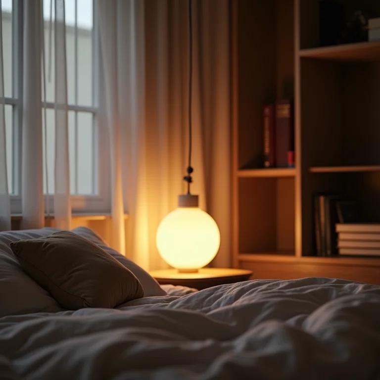 Quarto com iluminação aconchegante.