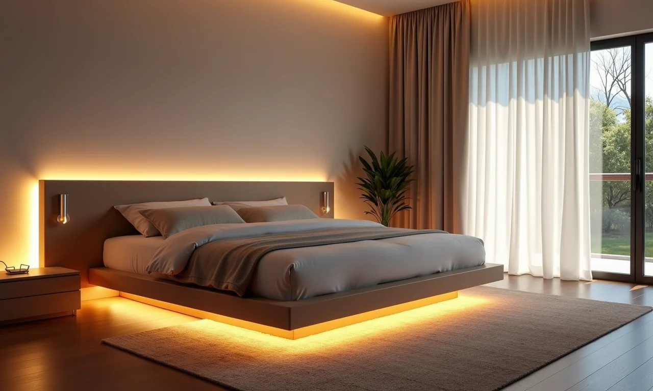 Quarto com iluminação de perfil de LED sob a cama.