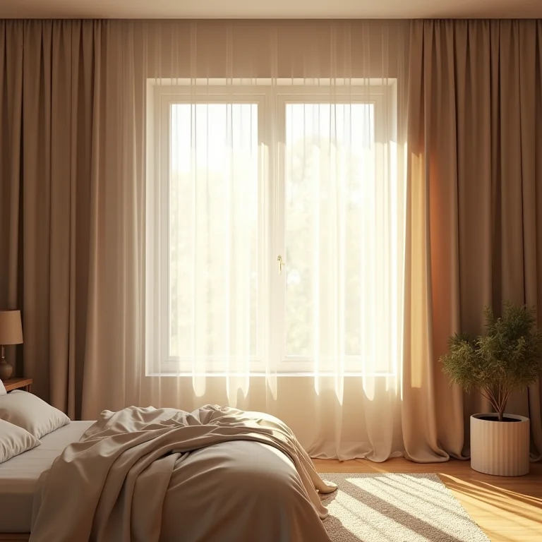 Quarto com iluminação natural suave e cortinas de tecido leve