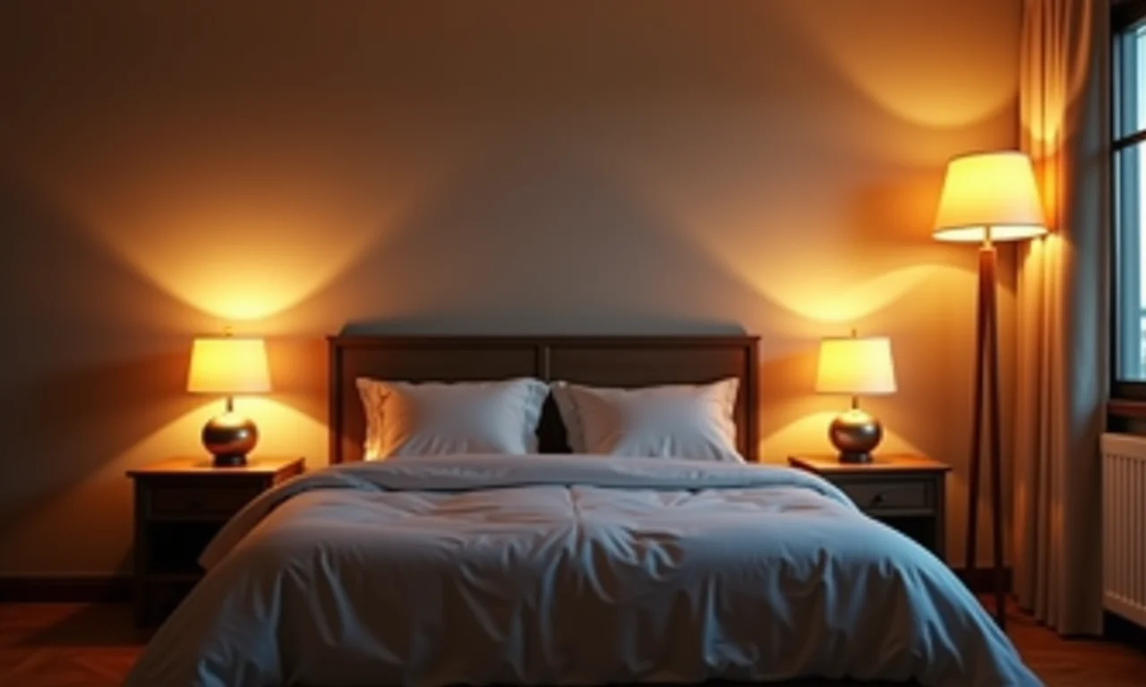 Quarto com iluminação suave e indireta, criando uma atmosfera acolhedora.