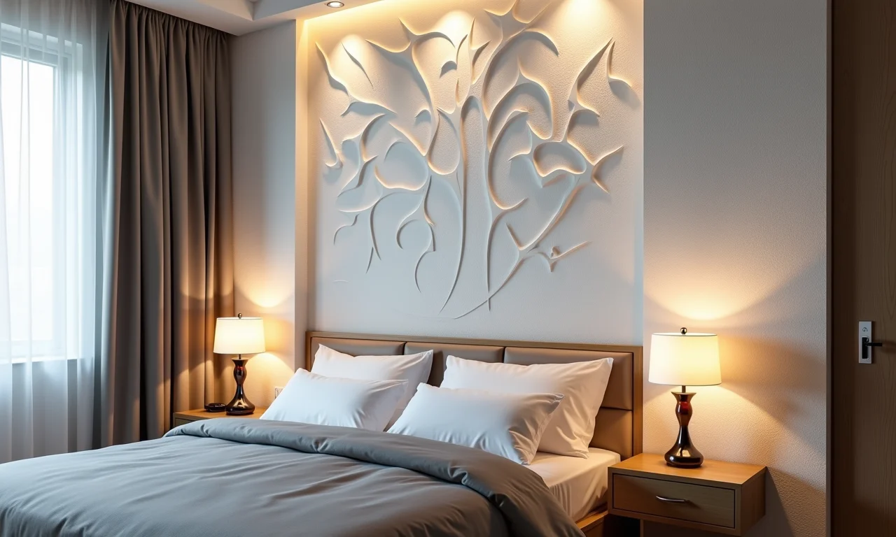 Quarto com painéis de gesso 3D autocolantes e iluminação estratégica destacando a textura.