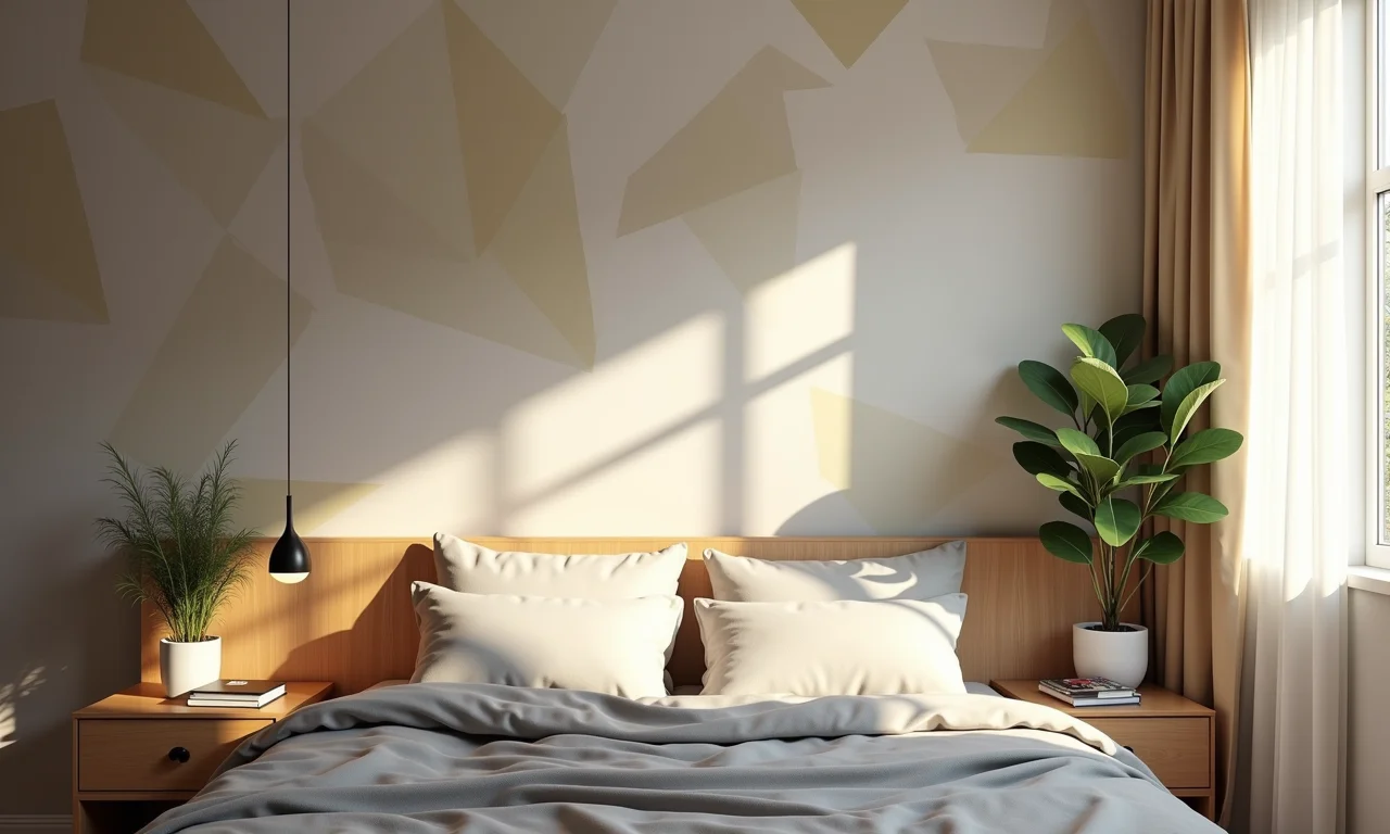 Quarto com papel de parede geométrico, analisando a iluminação do ambiente.