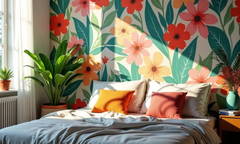 Quarto com parede de destaque florida e decoração vibrante.
