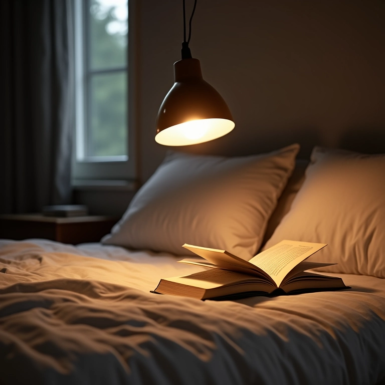 Quarto com pendente articulado focado em um livro, cena de leitura.