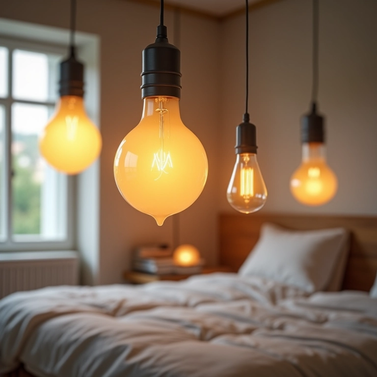 Quarto com pendente mostrando diferentes tipos de lâmpadas: LED, Edison, inteligente.