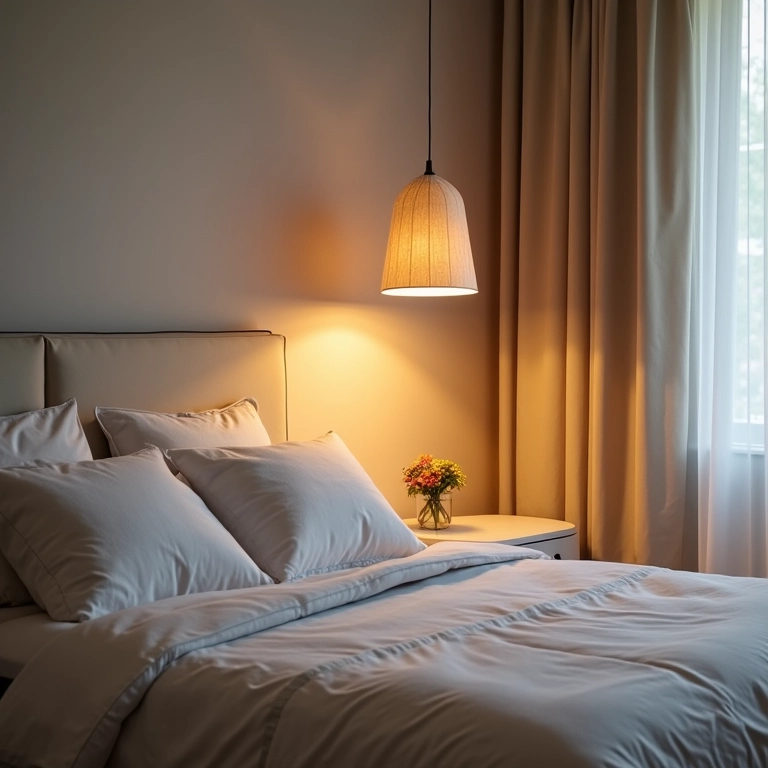 Quarto com pendente na altura ideal acima do criado-mudo, iluminação natural.