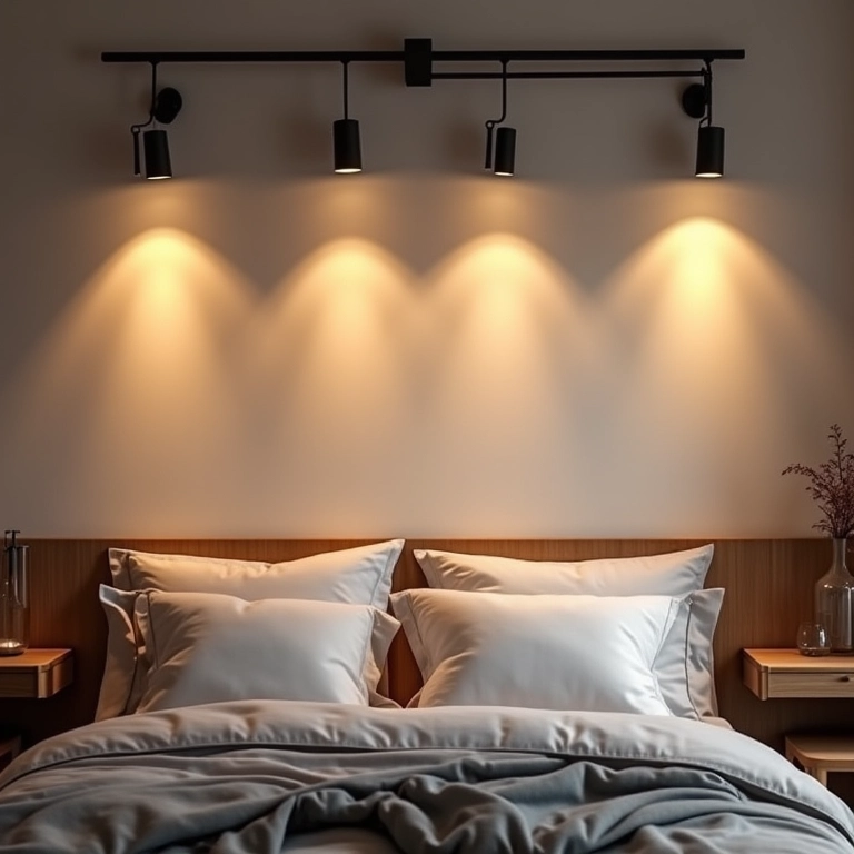 Quarto com pendentes em um sistema de trilho. Versátil e estiloso.