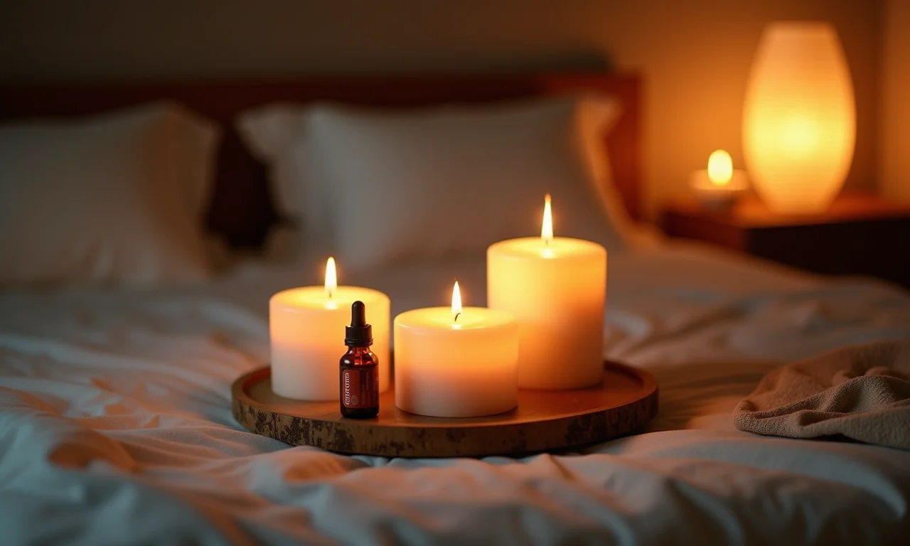 Quarto com velas aromáticas e iluminação suave.