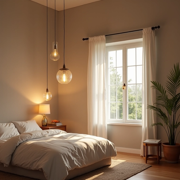 Quarto comparando pendente e abajur. Decoração estilo brasileiro.